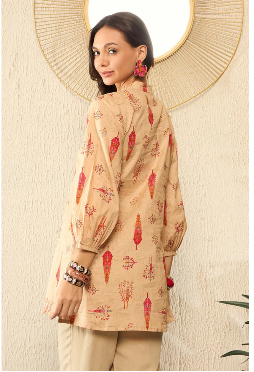 Beige Cotton Blend Floral Printed Regular Top
