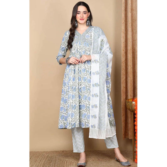 White & Blue Floral Printed Rayon Blend Kurta Set with Dupatta