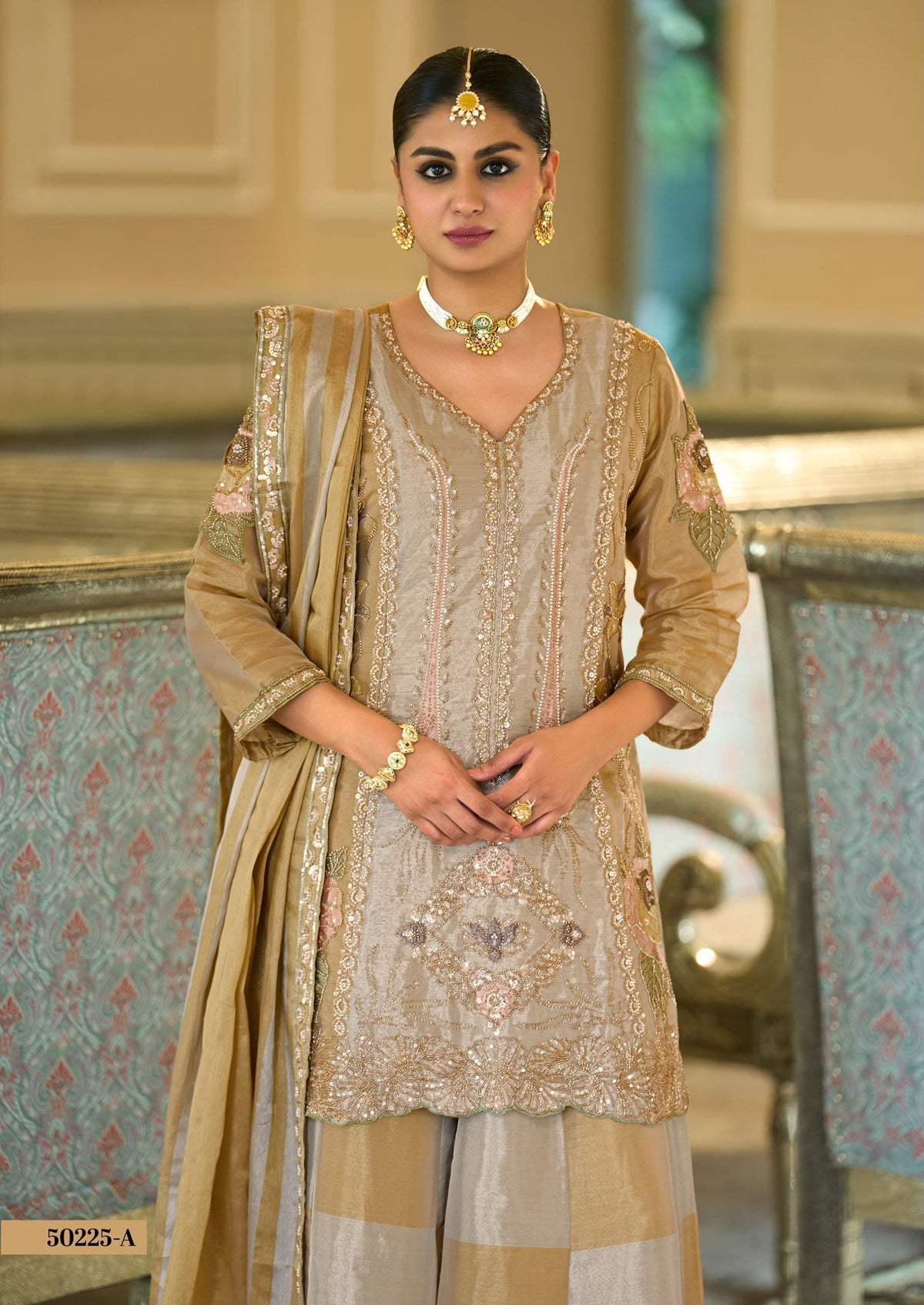 Champagne Gold Viscose Kanjivaram Palazzo Set with Dupatta