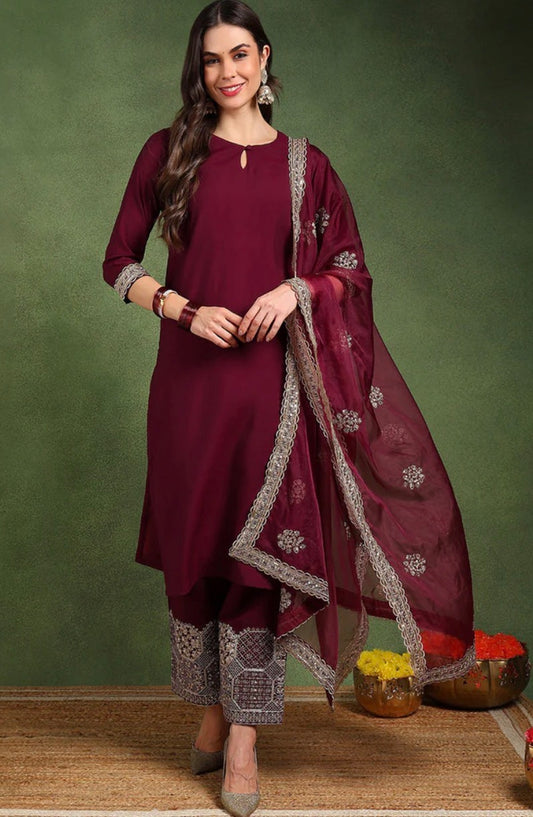 Burgundy Silk Blend Kurta Set