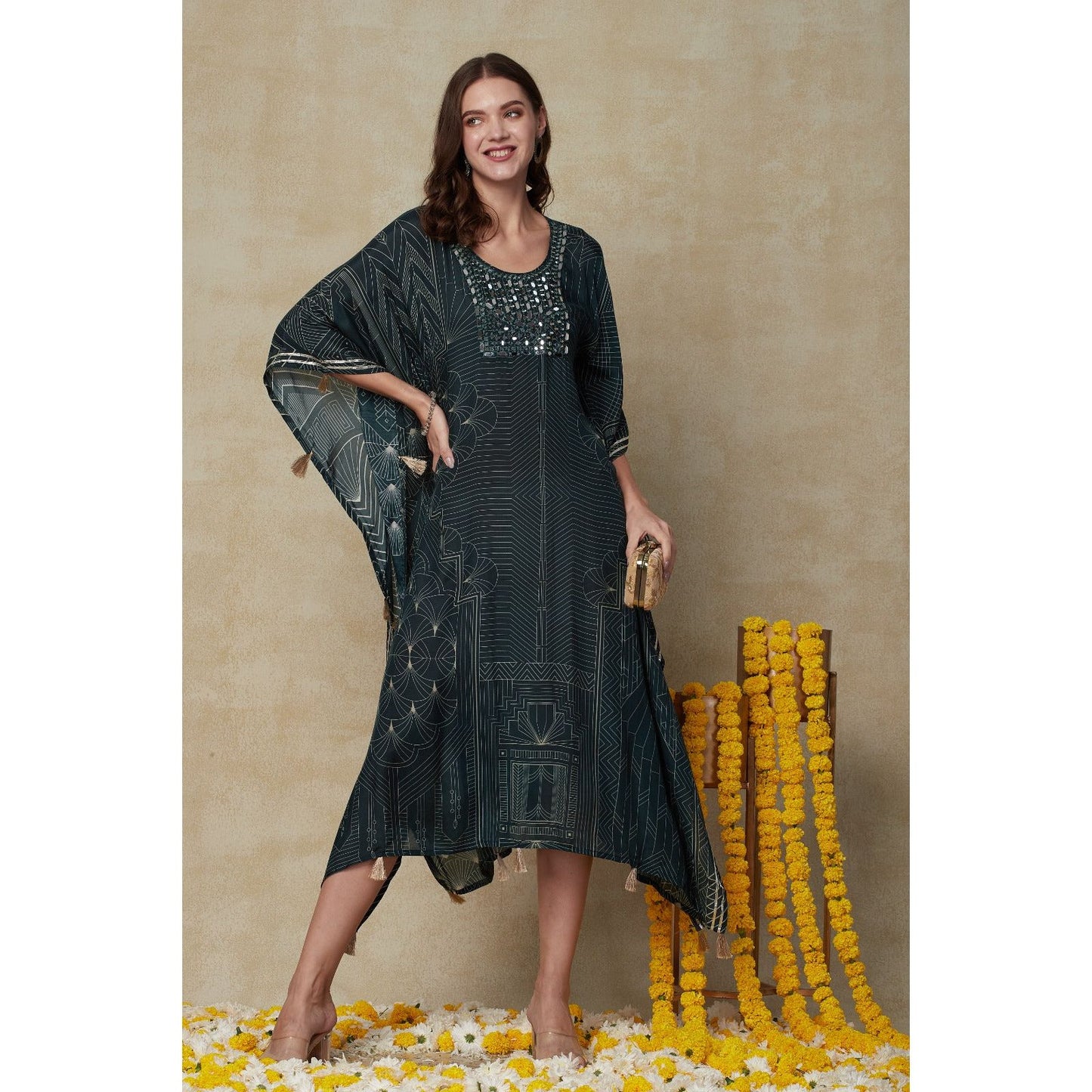 Dark Green Kaftan with Yolk Details