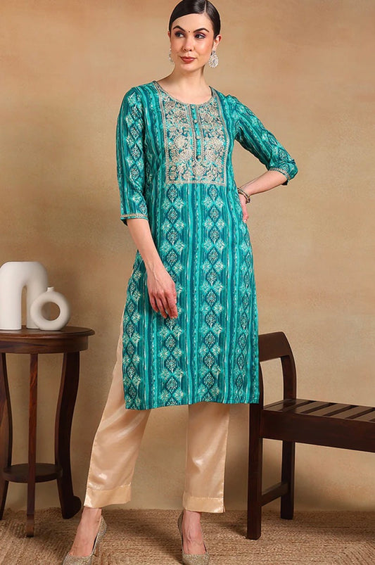 Turquoise Blue Viscose Rayon Ethnic Motifs Printed Straight Kurta