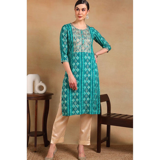 Turquoise Blue Viscose Rayon Ethnic Motifs Printed Straight Kurta