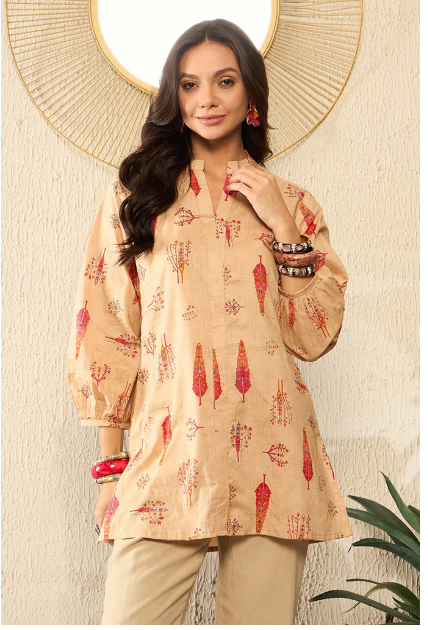 Beige Cotton Blend Floral Printed Regular Top