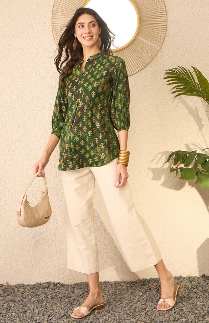 Green Cotton Blend Ethnic Motifs Printed Regular Top