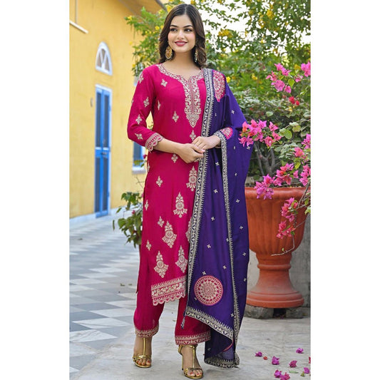 Pink Silk Blend Solid Embroidered Kurta Set