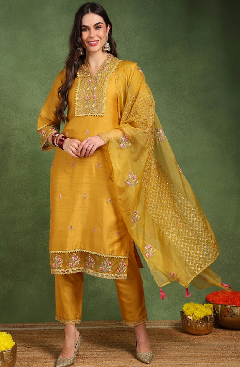 Yellow Silk Blend Floral Embroidered Straight Suit Set