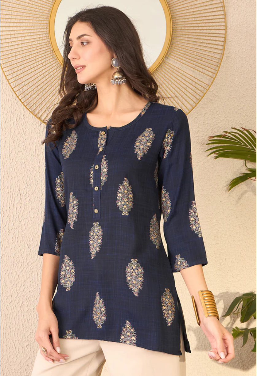Navy Blue Cotton Blend Floral Printed Regular Top