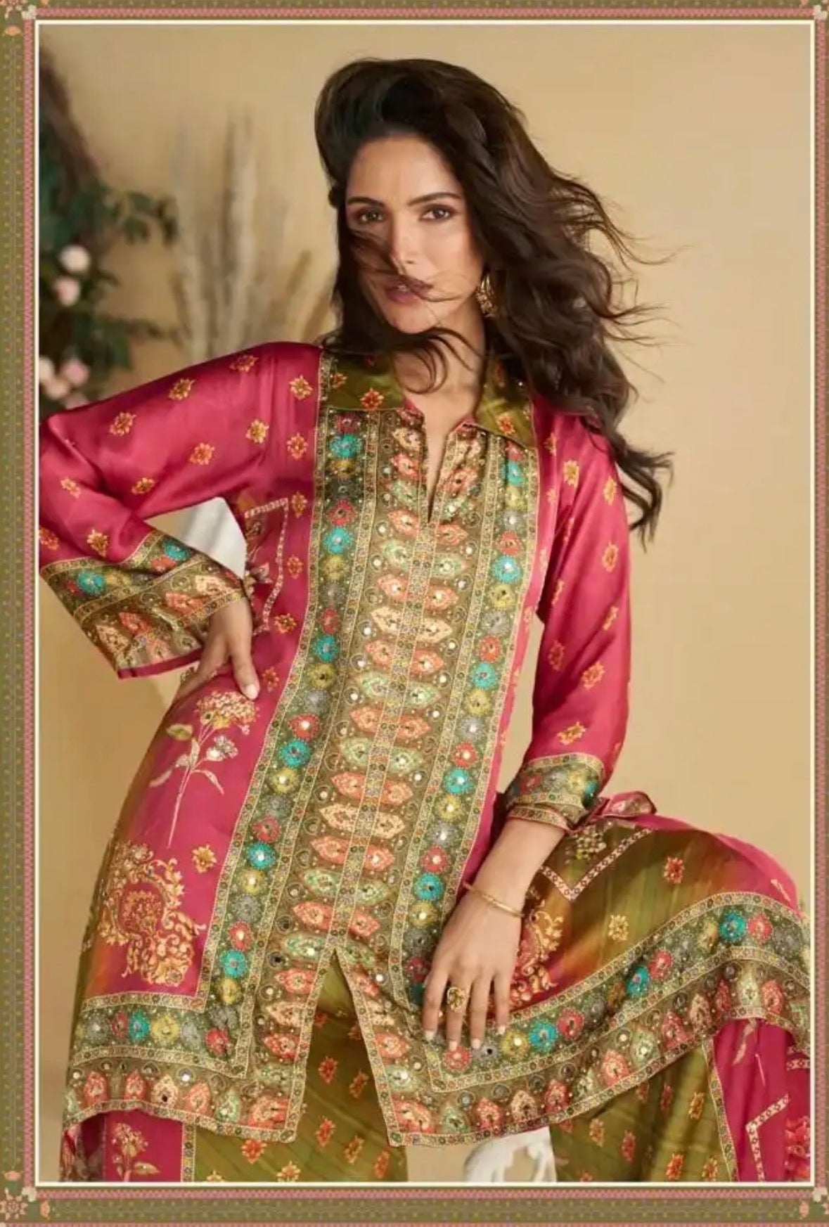 Festive Co-ord Set – Digital Crepe Silk with Mirror Work