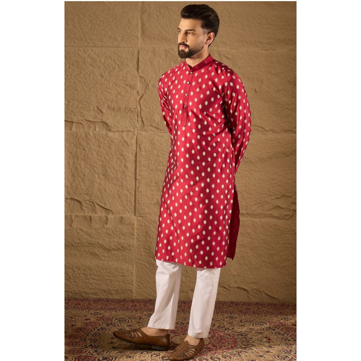 Maroon Silk Ikat Printed Straight Kurta