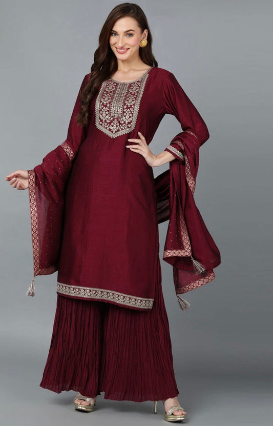 Maroon Silk Blend Yoke Design Kurti Sharara With Dupatta
