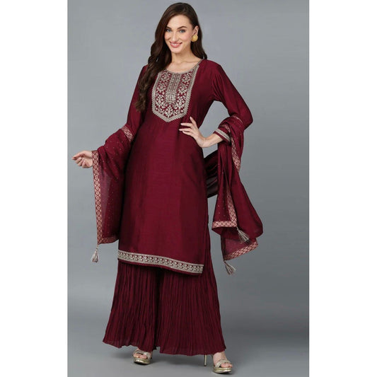 Maroon Silk Blend Yoke Design Kurti Sharara With Dupatta
