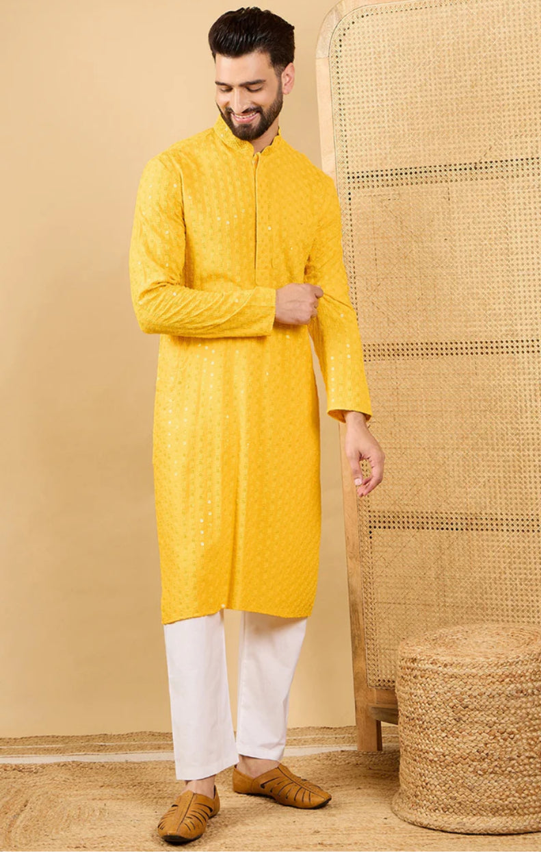 Yellow Embroidered Chikankari Kurta for Men