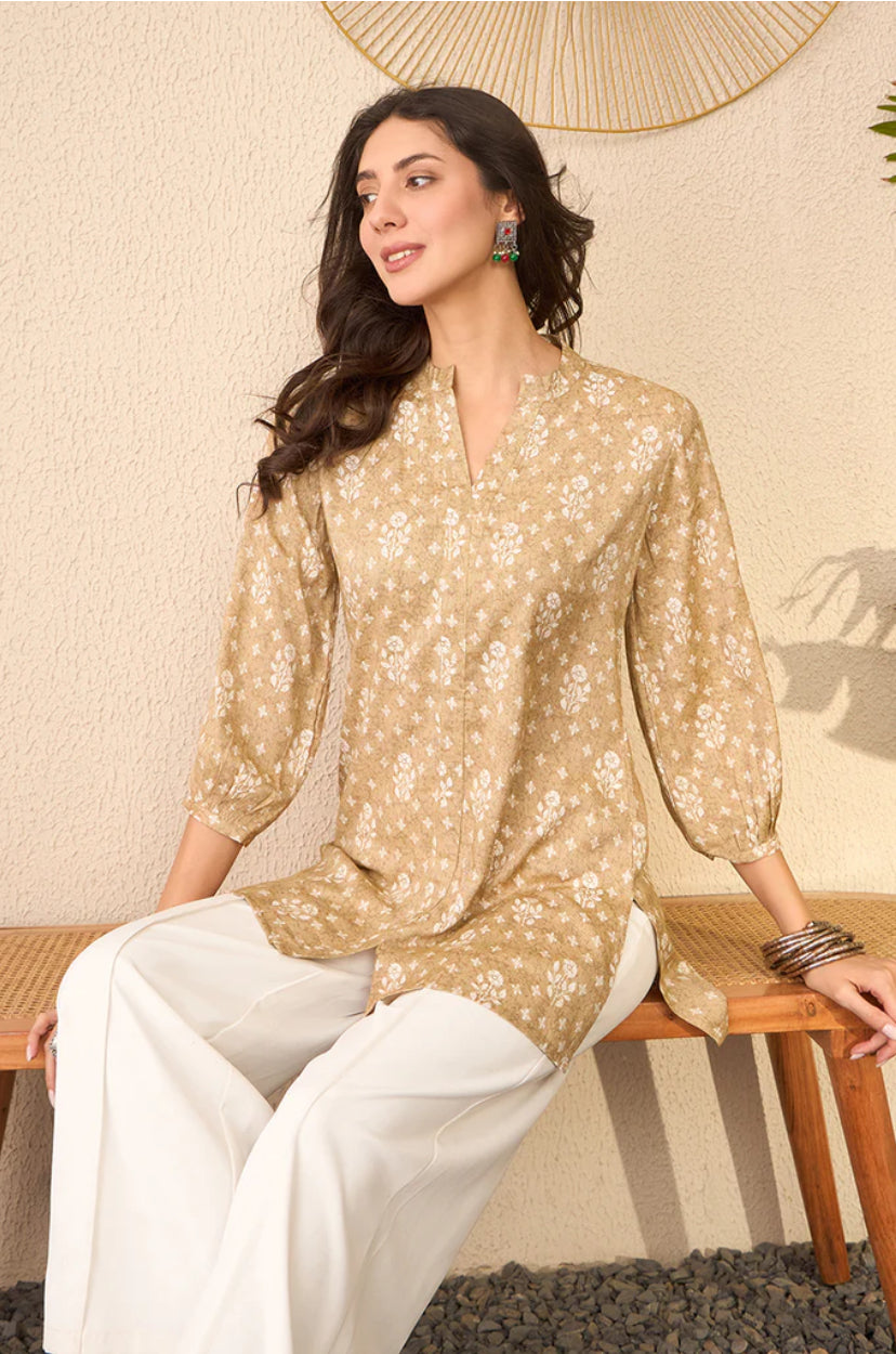 Beige Cotton Blend Floral Printed Regular Top