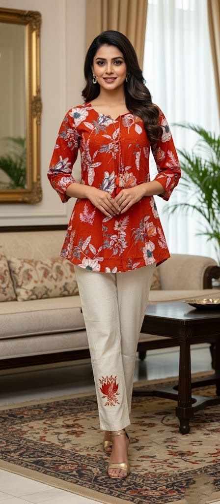 Red Printed Mal Cotton Kurta with Khadi Cotton Pants (Co-Ord Set)