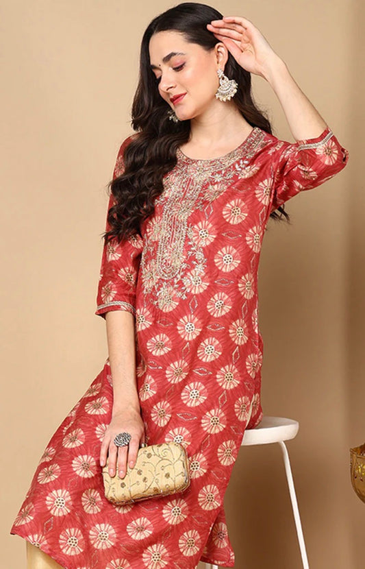Rust Red Silk Blend Ethnic Motifs Printed Straight Kurta