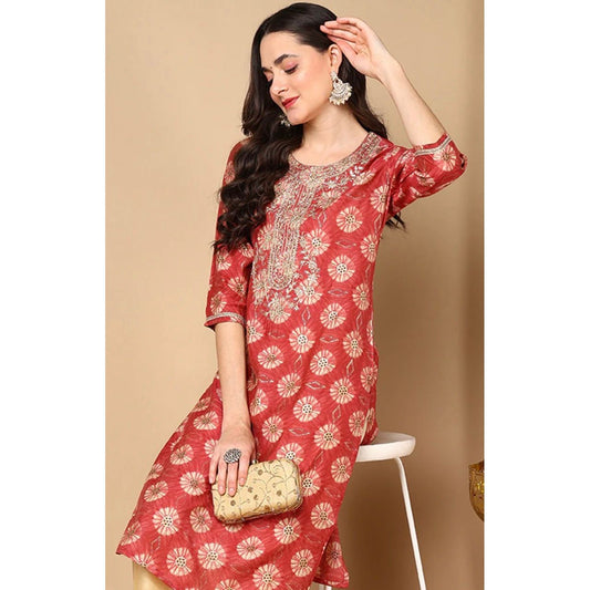 Rust Red Silk Blend Ethnic Motifs Printed Straight Kurta