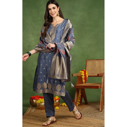 Grey Chanderi Solid Woven Design Straight Kurta Set