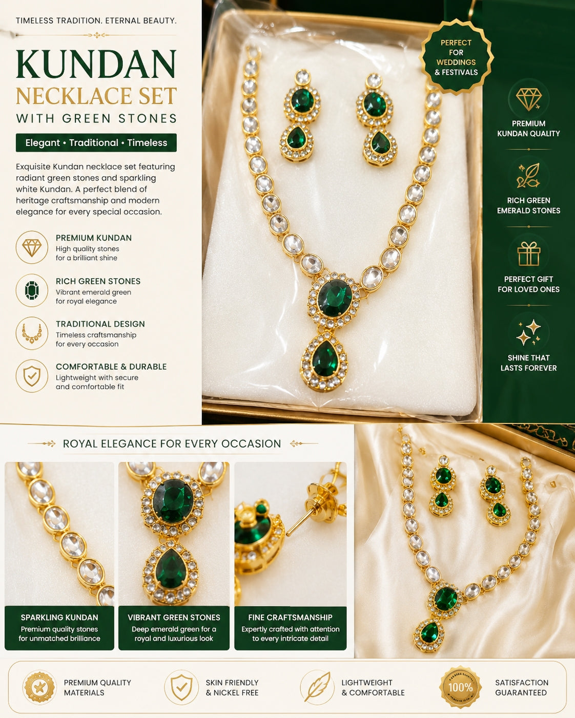 Green Kundan Necklace Set with Emerald Stones – Premium Traditional Indian Jewelry