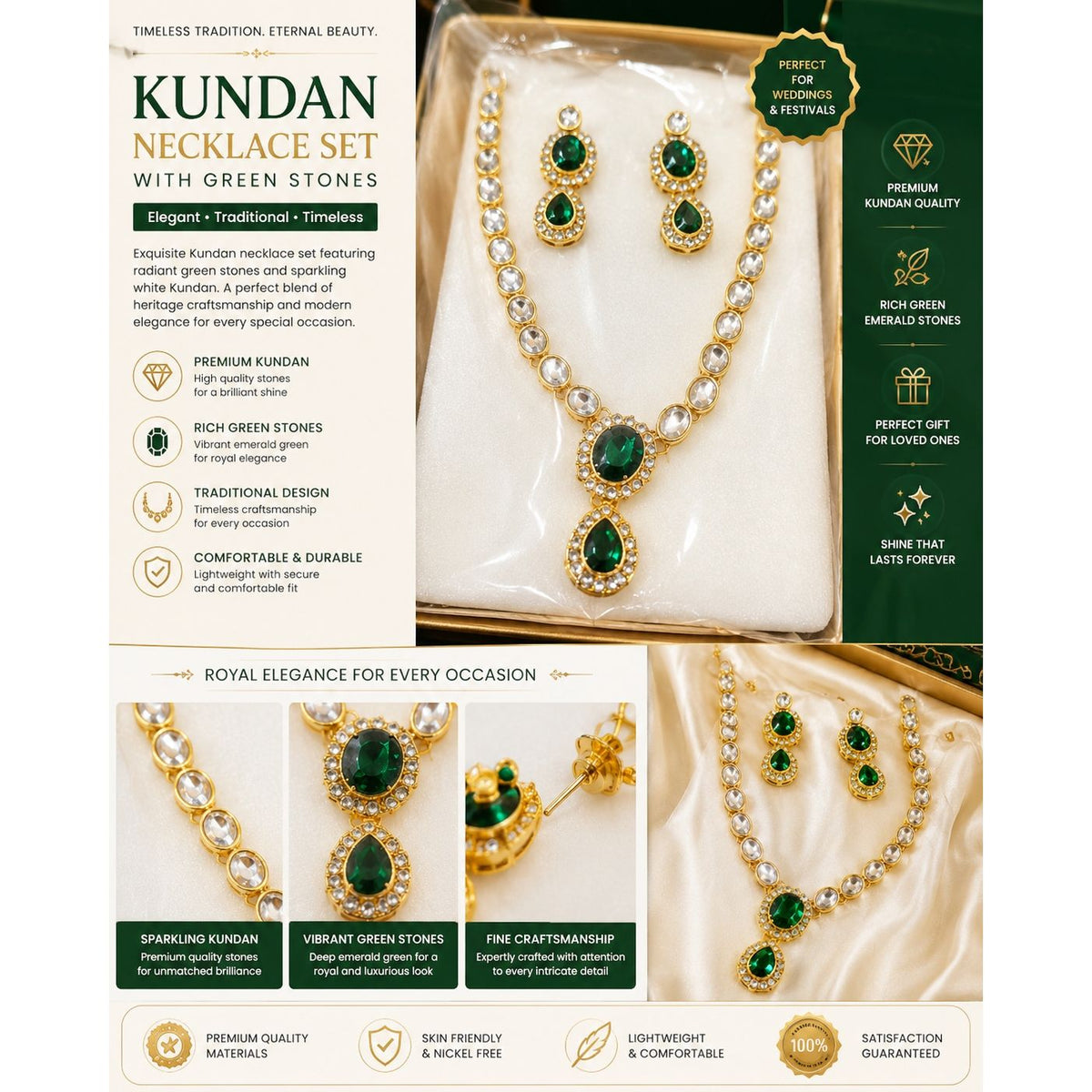 Green Kundan Necklace Set with Emerald Stones – Premium Traditional Indian Jewelry
