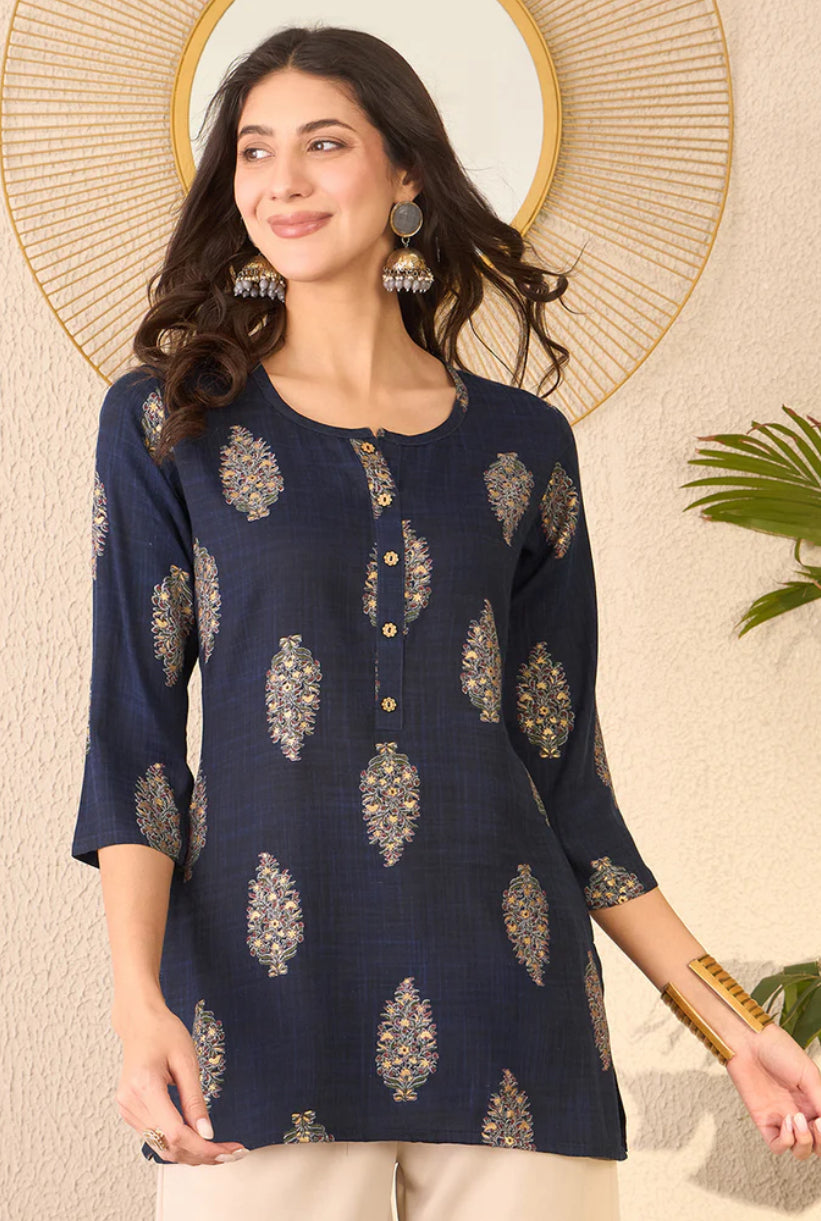 Navy Blue Cotton Blend Floral Printed Regular Top
