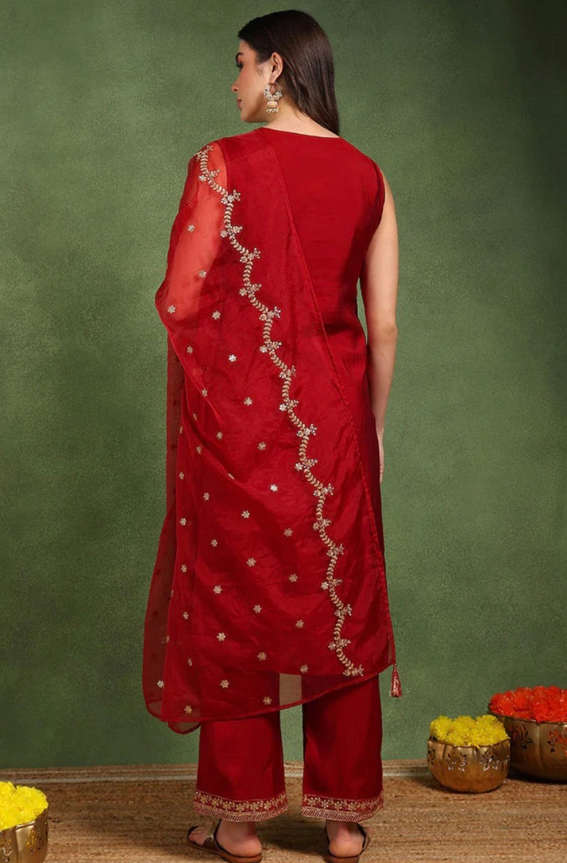 Maroon Silk Blend Embroidered Palazzo Kurta Set