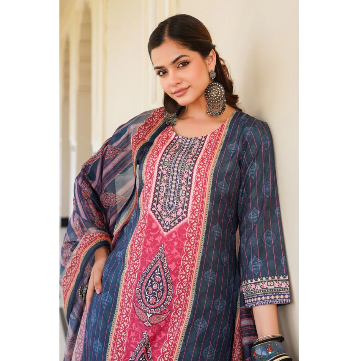 Blue Rayon Blend Ethnic Motifs Printed Straight Kurta Trouser With Dupatta
