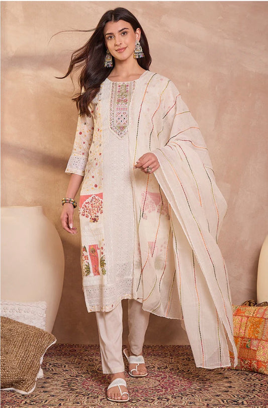 Off White Pure Cotton Ethnic Motifs Printed Straight Kurta Trousers With Dupatta
