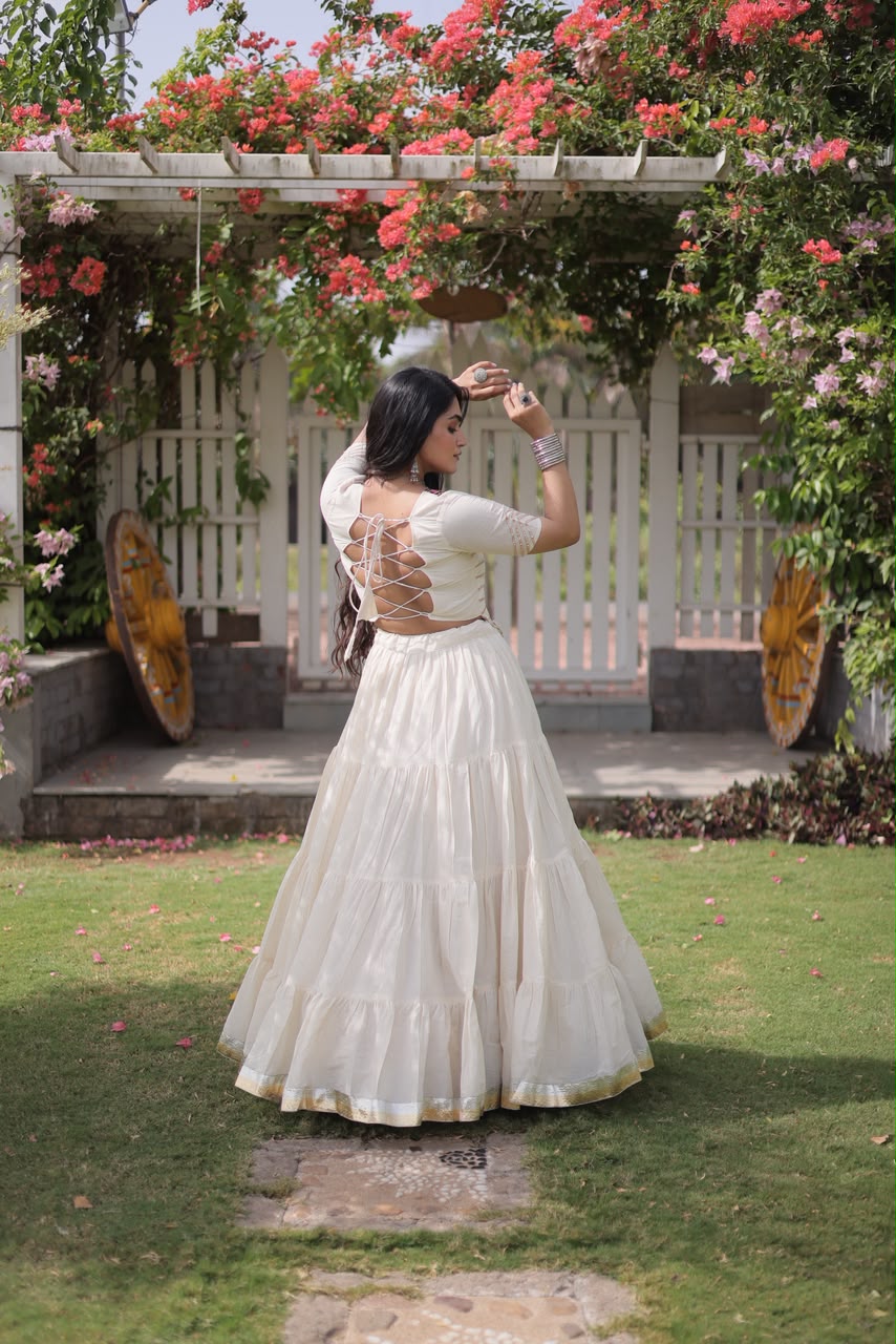 Ivory Multicolor Panel Lehenga Choli with Tiered Skirt
