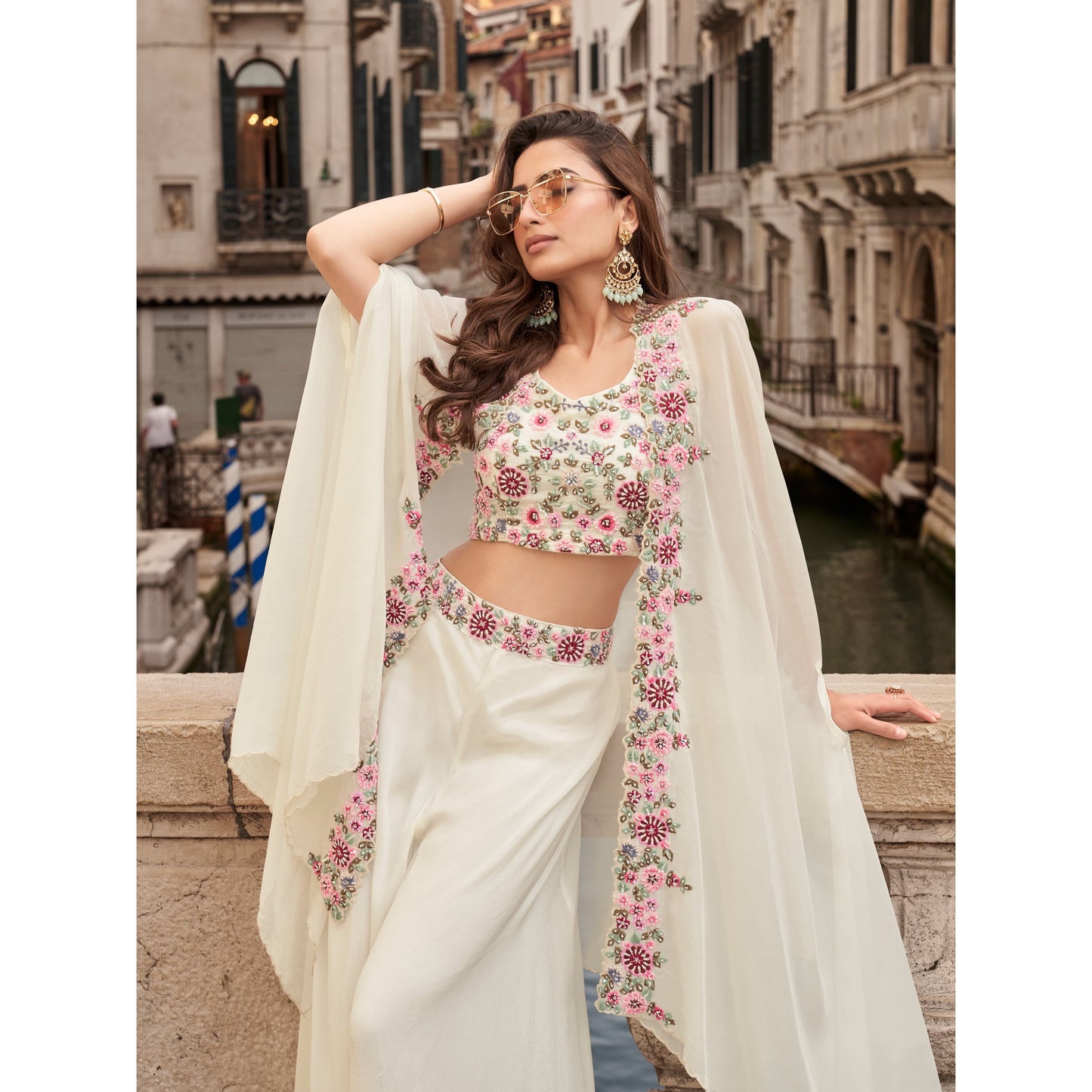 Premium Indo-Western Chinon Silk Palazzo Set with Embroidered Blouse & Shrug Dupatta