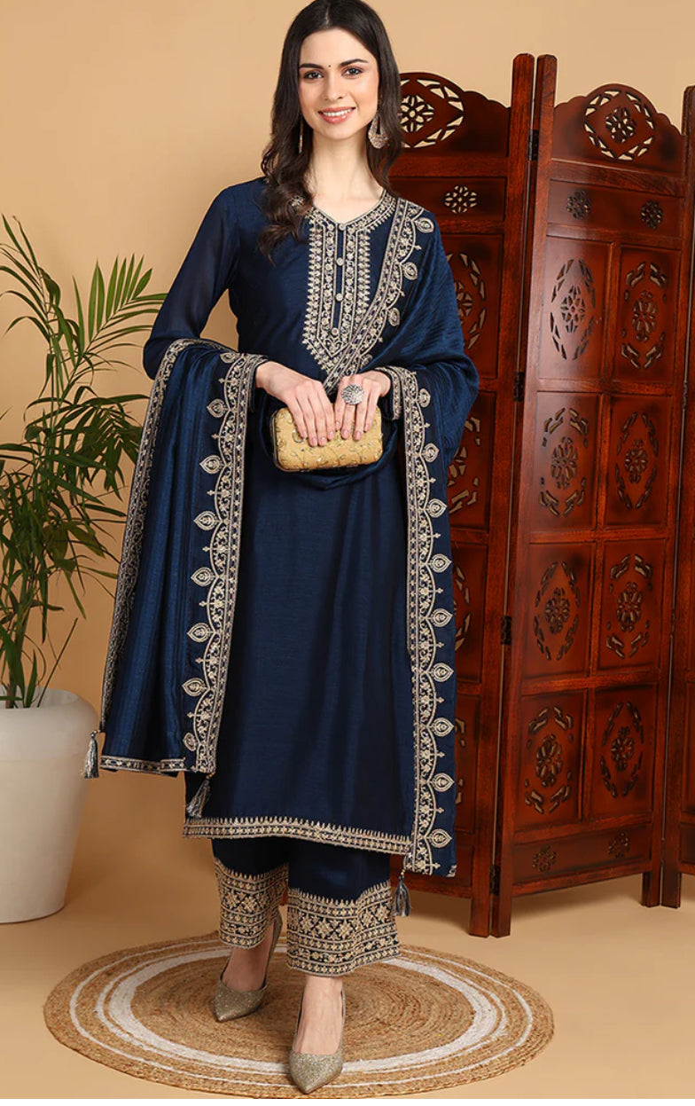 Navy Blue Silk Blend Solid Embroidered Straight Suit Set