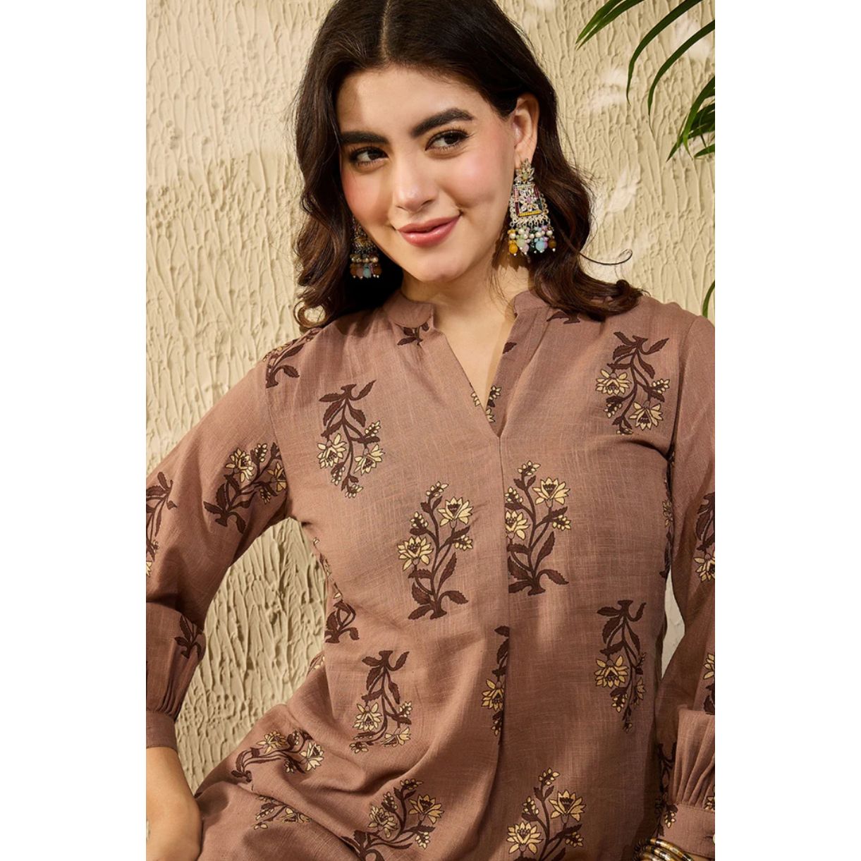 Brown Cotton Blend Floral Printed Regular Top