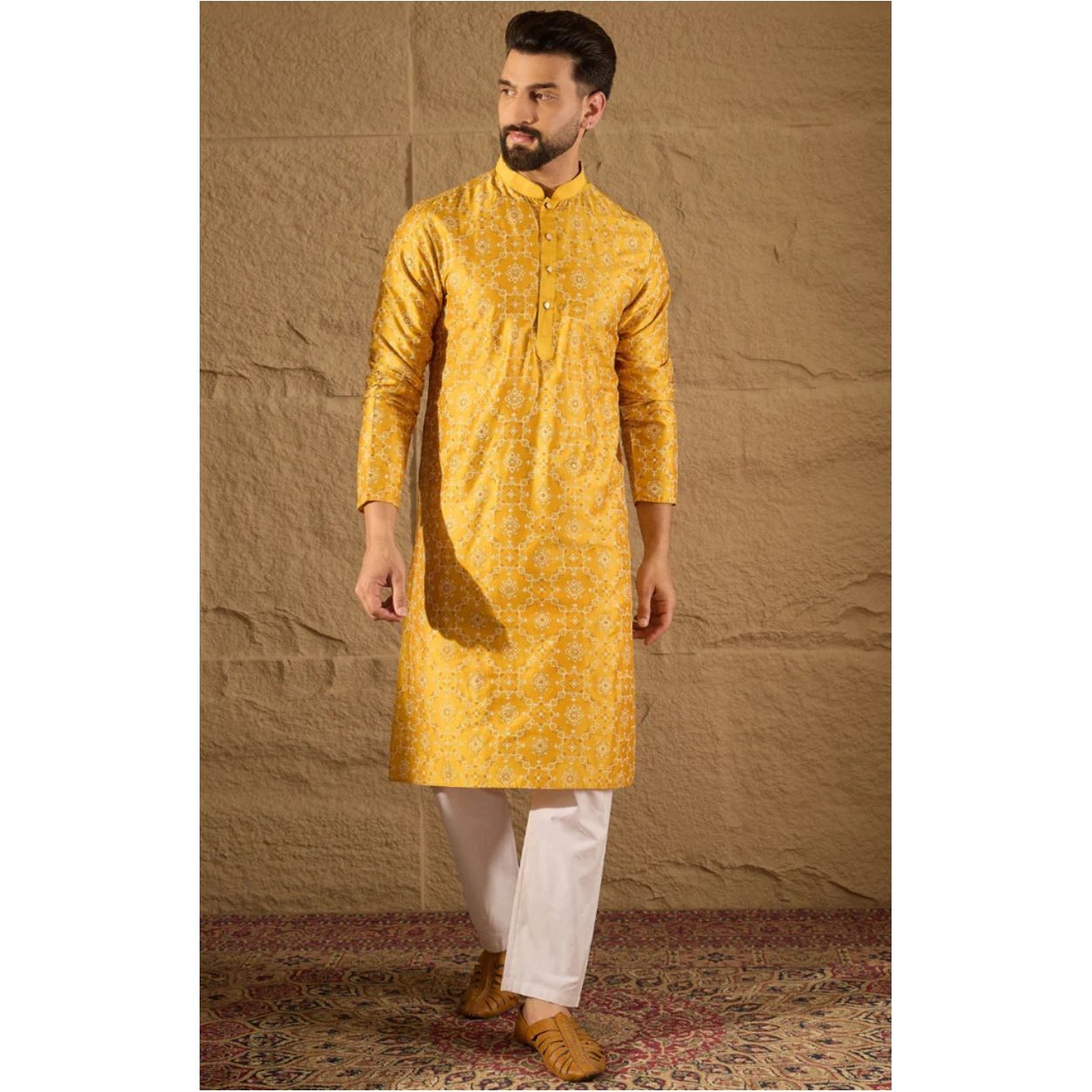 Yellow Silk Floral Printed Straight Kurta