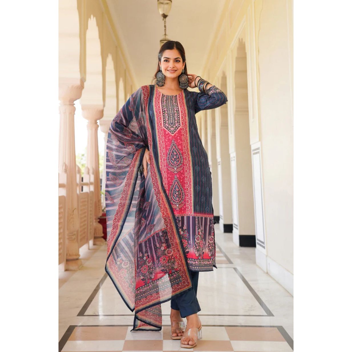 Blue Rayon Blend Ethnic Motifs Printed Straight Kurta Trouser With Dupatta