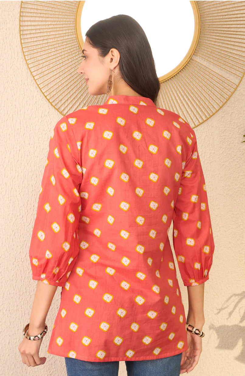 Orange Cotton Blend Shibori Printed Regular Top