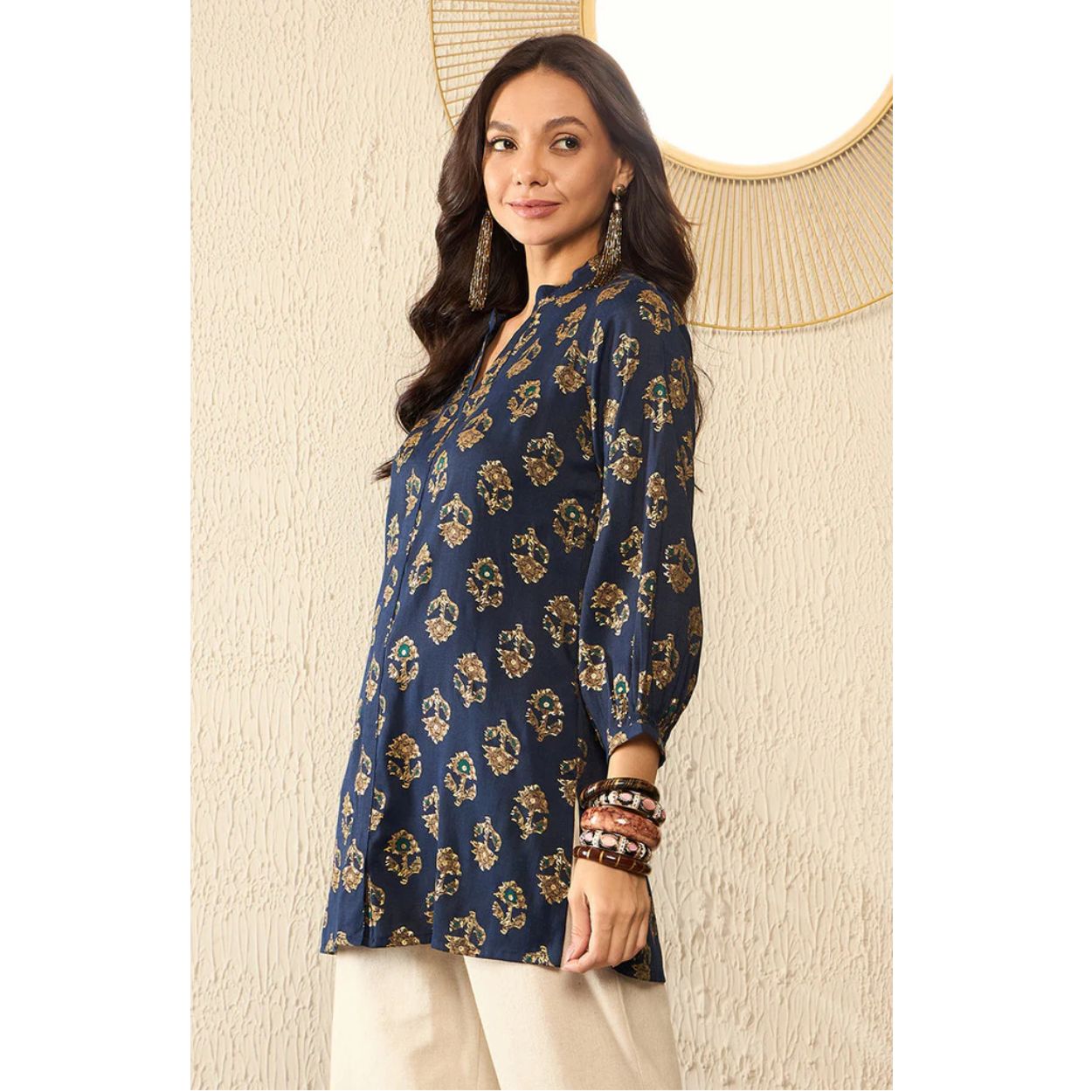 Blue Cotton Blend Floral Printed Indian Kurti /Tunic Top