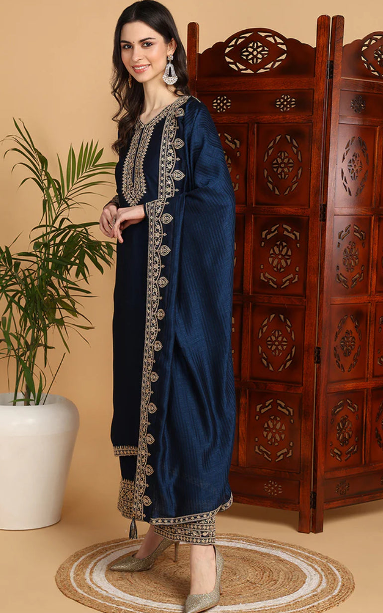 Navy Blue Silk Blend Solid Embroidered Straight Suit Set
