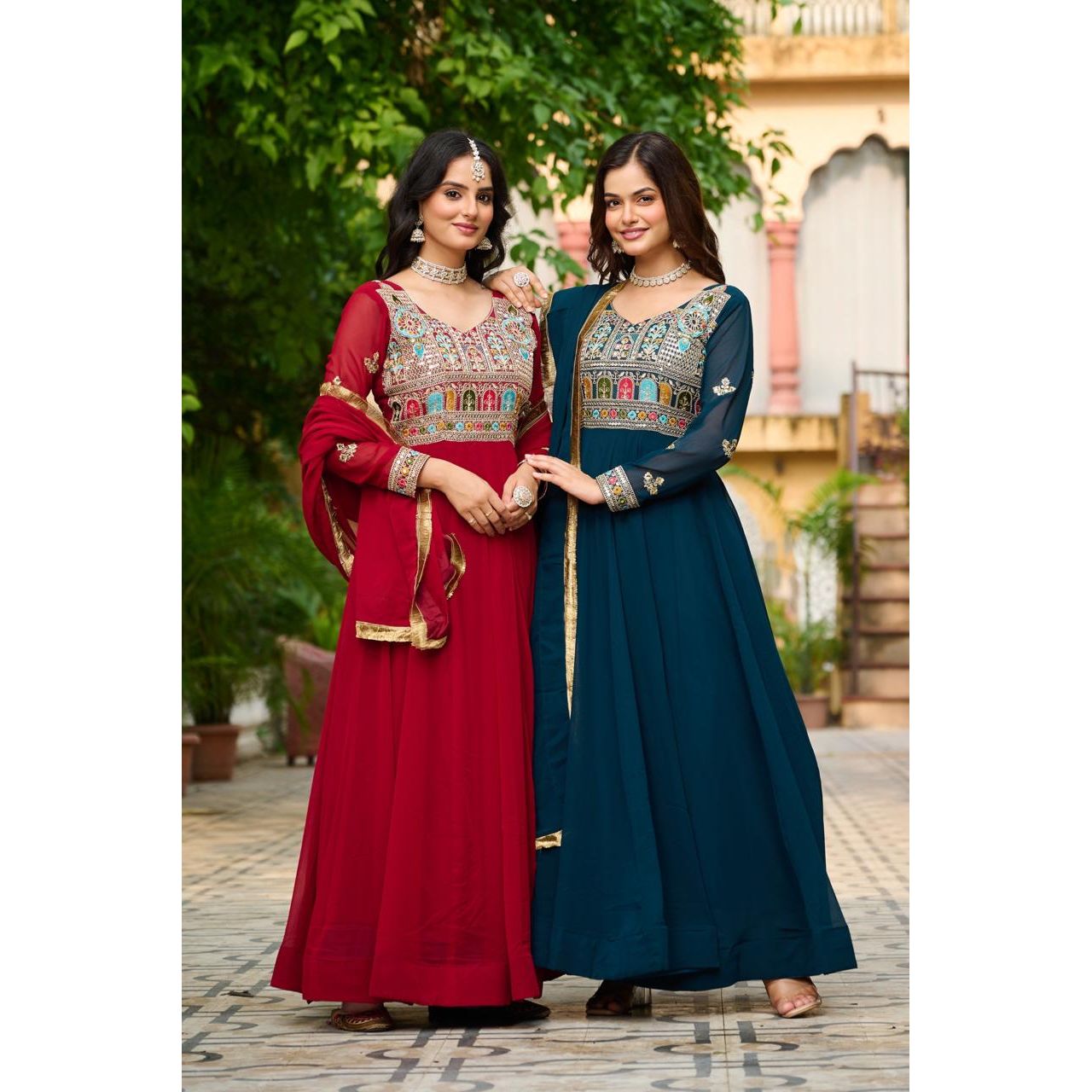 Maroon & Rama Green Festive Gown-Dupatta Set with Sequins Embroidery 40 / Rama Green Maroon & Rama Green Festive Gown-Dupatta Set with Sequins Embroidery 40 / Rama Green