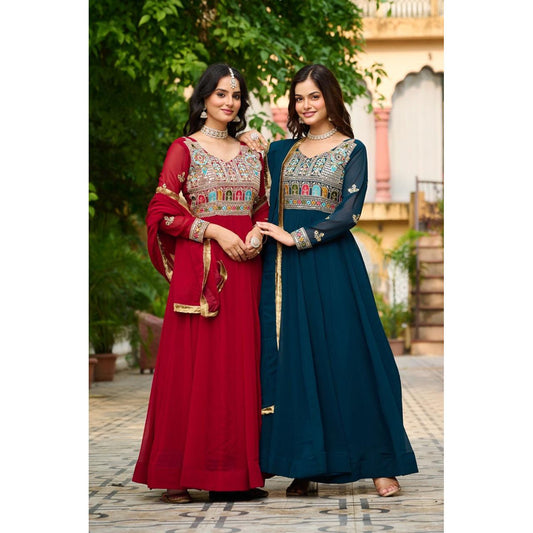 Maroon & Rama Green Festive Gown-Dupatta Set with Sequins Embroidery