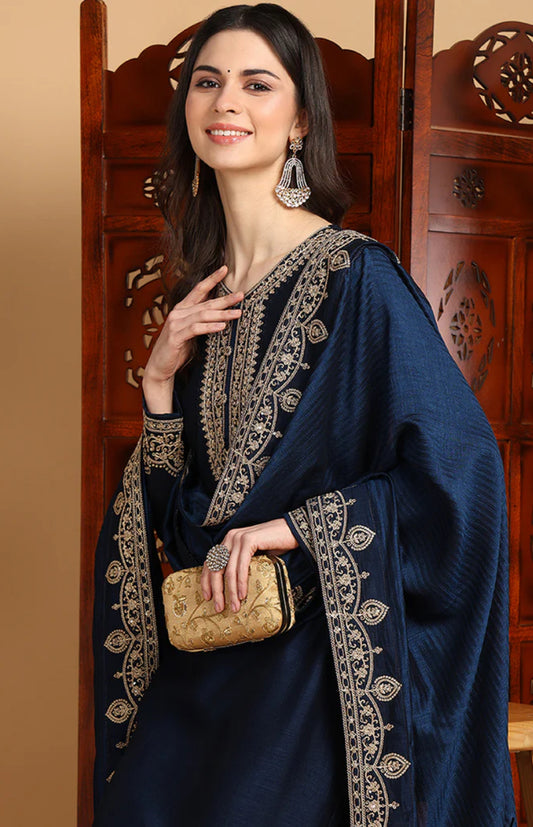 Navy Blue Silk Blend Solid Embroidered Straight Suit Set