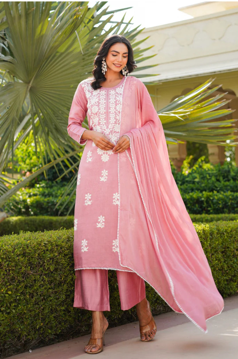 Pink Viscose Solid Embroidered Straight Kurta Palazzo With Dupatta