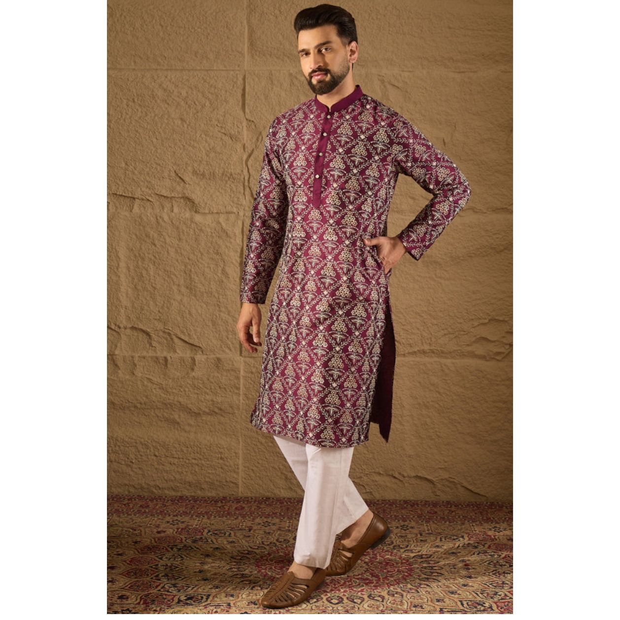 Purple Silk Floral Printed Straight Kurta