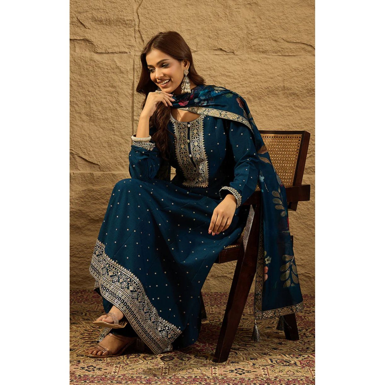 Blue Pure Silk Bandhani Embroidered Anarkali Kurta Set