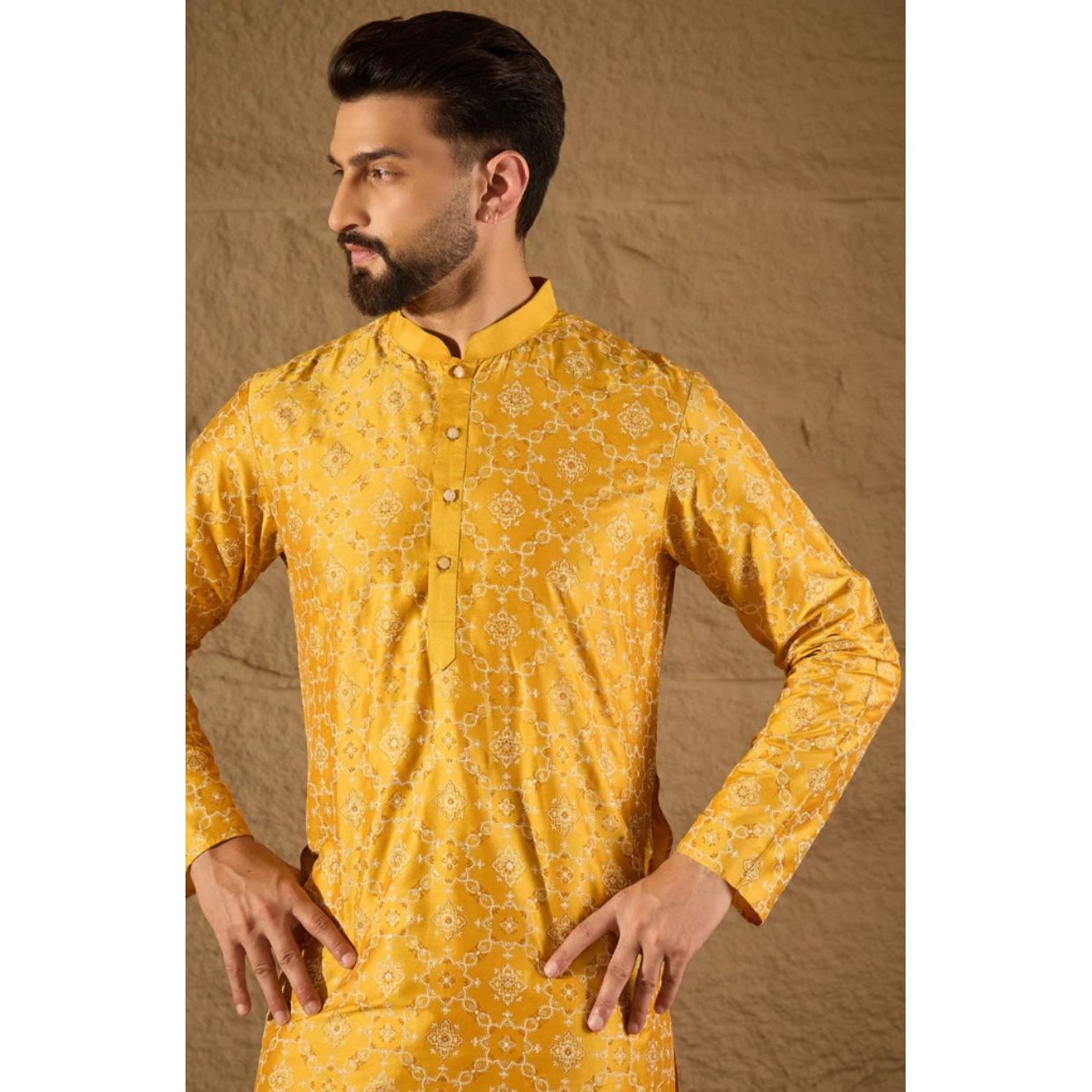 Yellow Silk Floral Printed Straight Kurta