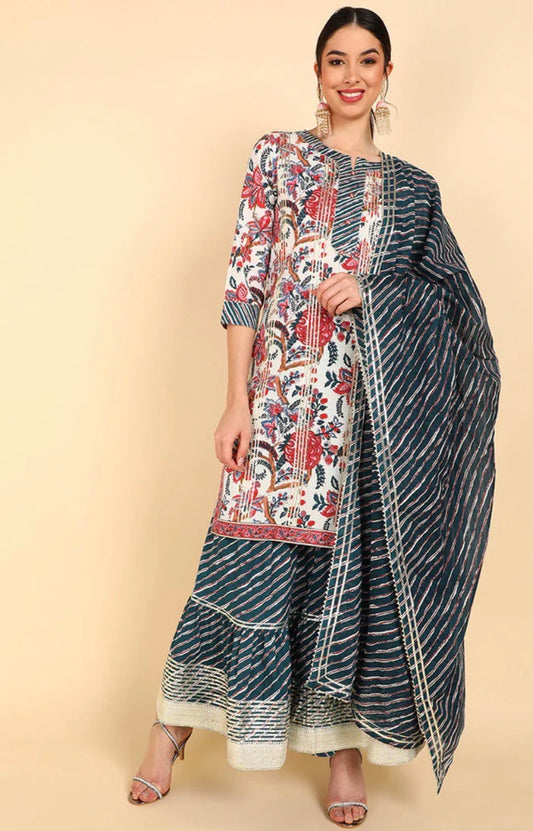 White Floral Printed Cotton Kurta Pant with Dupatta Set