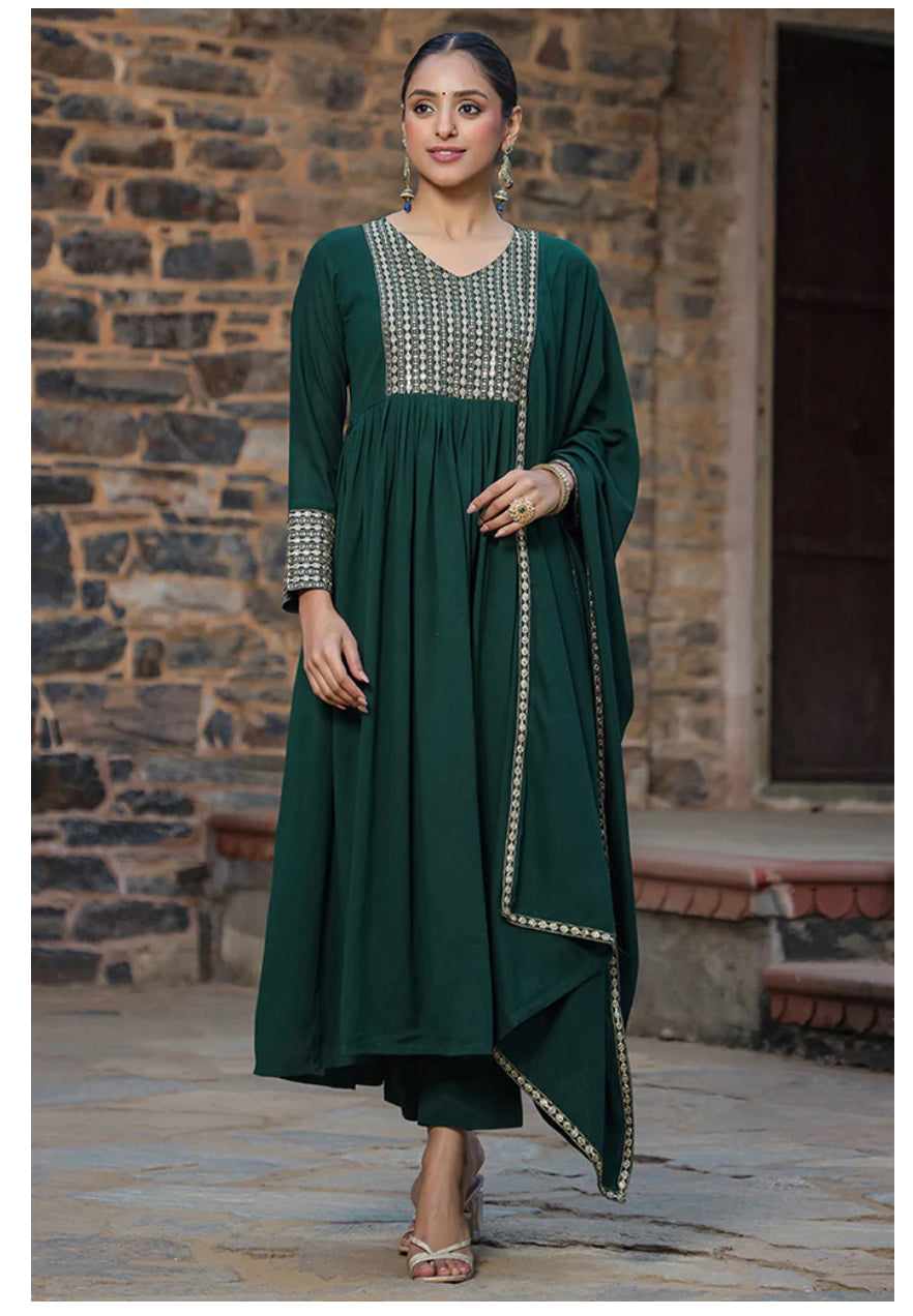 Green Georgette Solid Anarkali Suit Set
