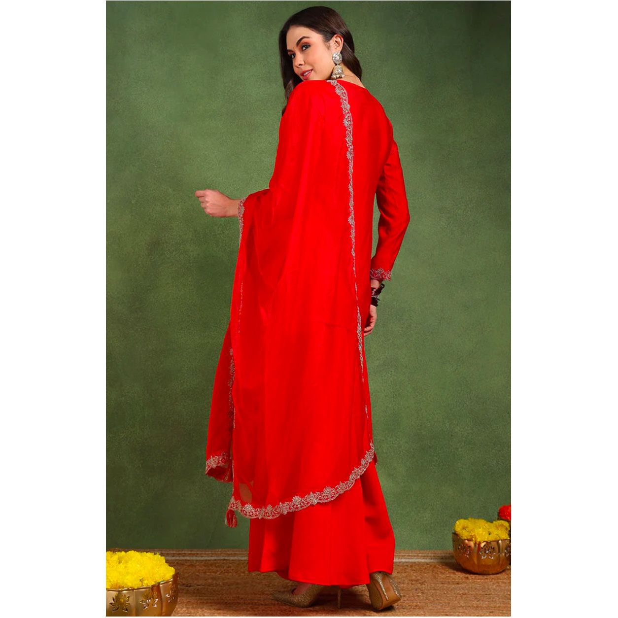 Red Silk Blend Embroidered Kurta Set for Women