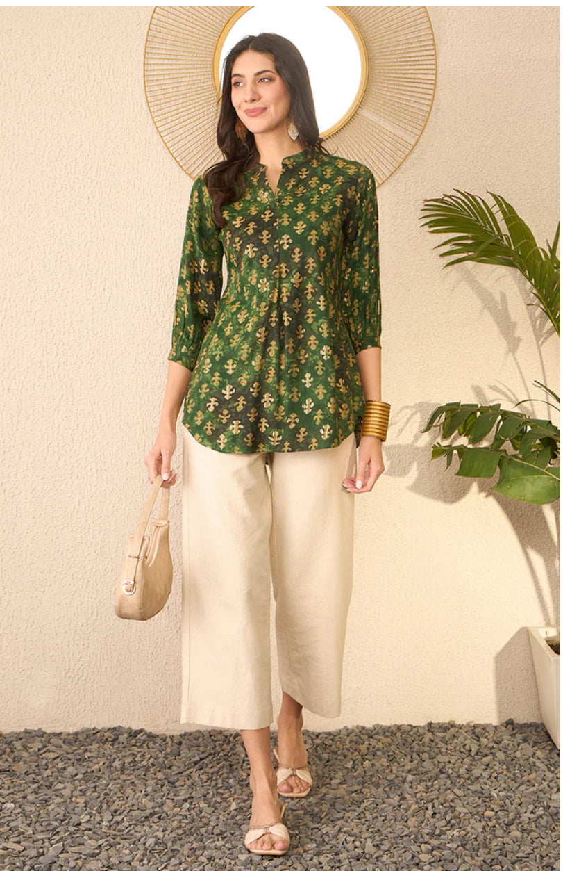 Green Cotton Blend Ethnic Motifs Printed Regular Top