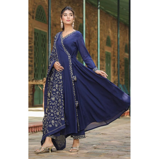 Navy Blue Georgette Angrakha Pant With Dupatta