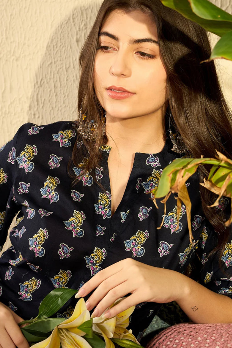 Navy Blue Cotton Blend Tunic Top